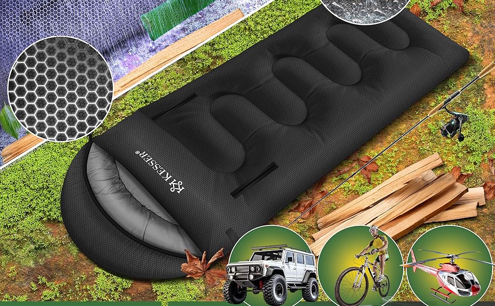 Сплячий мішок KESSER® Outdoor | Дека-сплячий мішок 3-4 сезони | Спальний мішок для дорослих та дітей | Легкий, теплий, водонепроникний | з ліхтариком та кишенькою, чорний, 220 x 83 см