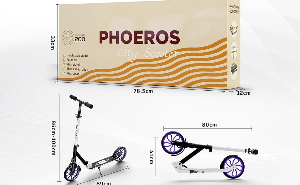 Дитячий трюковий самокат PHOEROS для дітей та дорослих, складний, з регулюванням висоти, амортизація, 200 мм колеса (білий)