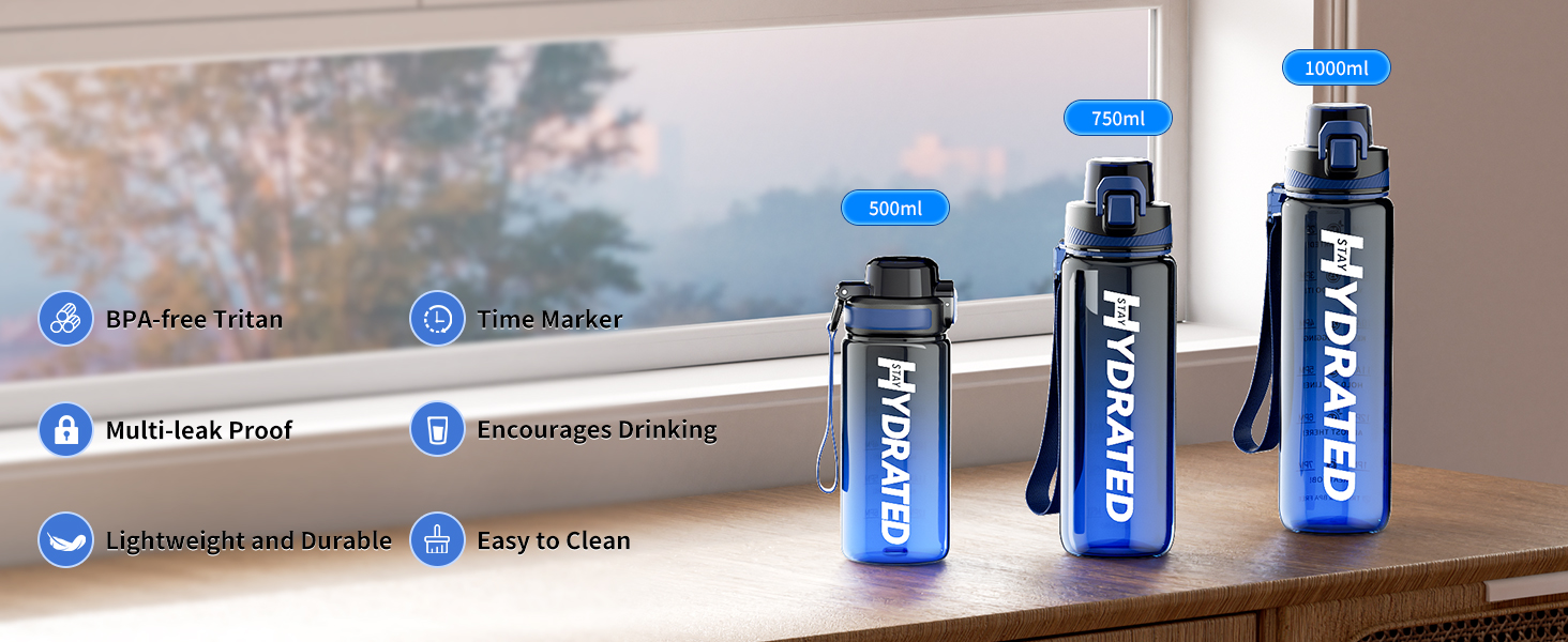 Спортивна пляшка для води з позначеннями часу, 1000 мл, Tritan, без BPA, вихідний колір - Sunset Orange