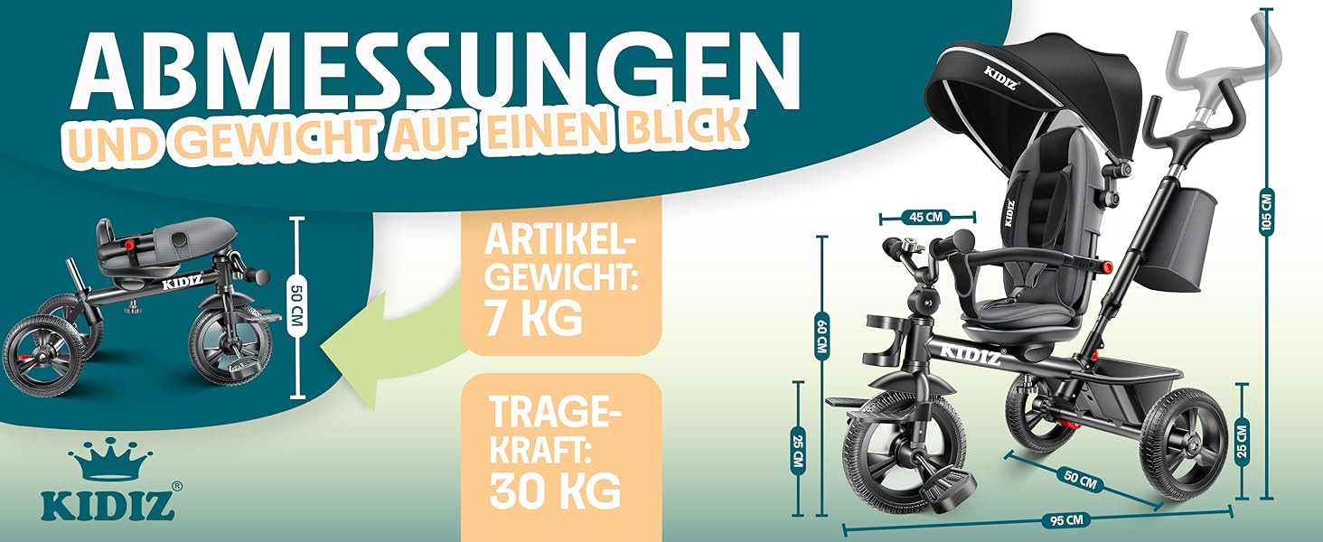 Дитяче триколісне велосипед KIDIZ 6в1 з батьківською ручкою, кошиком, дахом та гальмами. Підходить для дітей від 9 місяців до 25 кг. Рожевий.