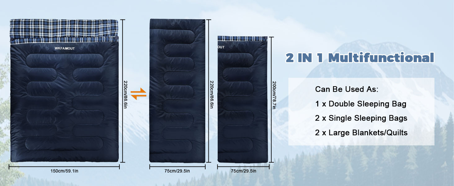 Спальний мішок для двох дорослих, 220x150 см, фланель, Navy, водонепроникний, для кемпінгу та подорожей