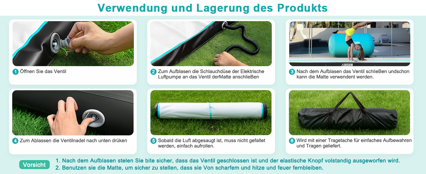 AWSUM Килимок для гімнастики надувний, 2/3/4/5/6м, для йоги, фітнесу, розтяжки, 10/20см товщина, 500x100x20см, м'ятно-зелений + чорний