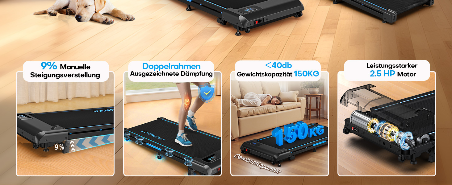 Walking Pad - компактний біговий тренажер для дому з регулюванням нахилу до 9%, швидкість 1-10 км/год, LED-дисплей, пульт дистанційного керування, потужність 2.75HP, максимальне навантаження 150 кг, без монтажу