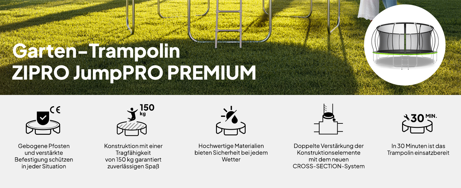 ZIPRO JumpPro Premium Трамплін для дітей Outdoor, садова модель, з сіткою, захист від УФ, стійкий до погодних умов, Ø 252-496 см, до 150 кг