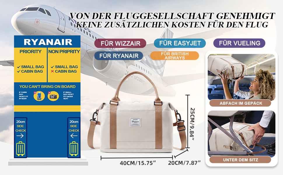 Дорожня сумка для жінок 40x20x25 см водонепроникна, ручна поклажа Ryanair, спортивна сумка з відділенням для взуття, бежево-коричнева