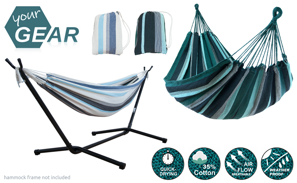 Гамак yourGEAR Maui XL 220x120 см, бавовна, 240 кг, зелений/блакитний, з мішком | Тканинний гамак