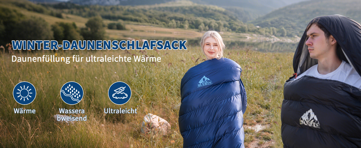 Спальний мішок зимовий Daunenschlafsack: теплий та легкий для дорослих та дітей, 680FP, для походів, альпінізму, кемпінгу. Чорний 0°C (Блакитний -10°C)