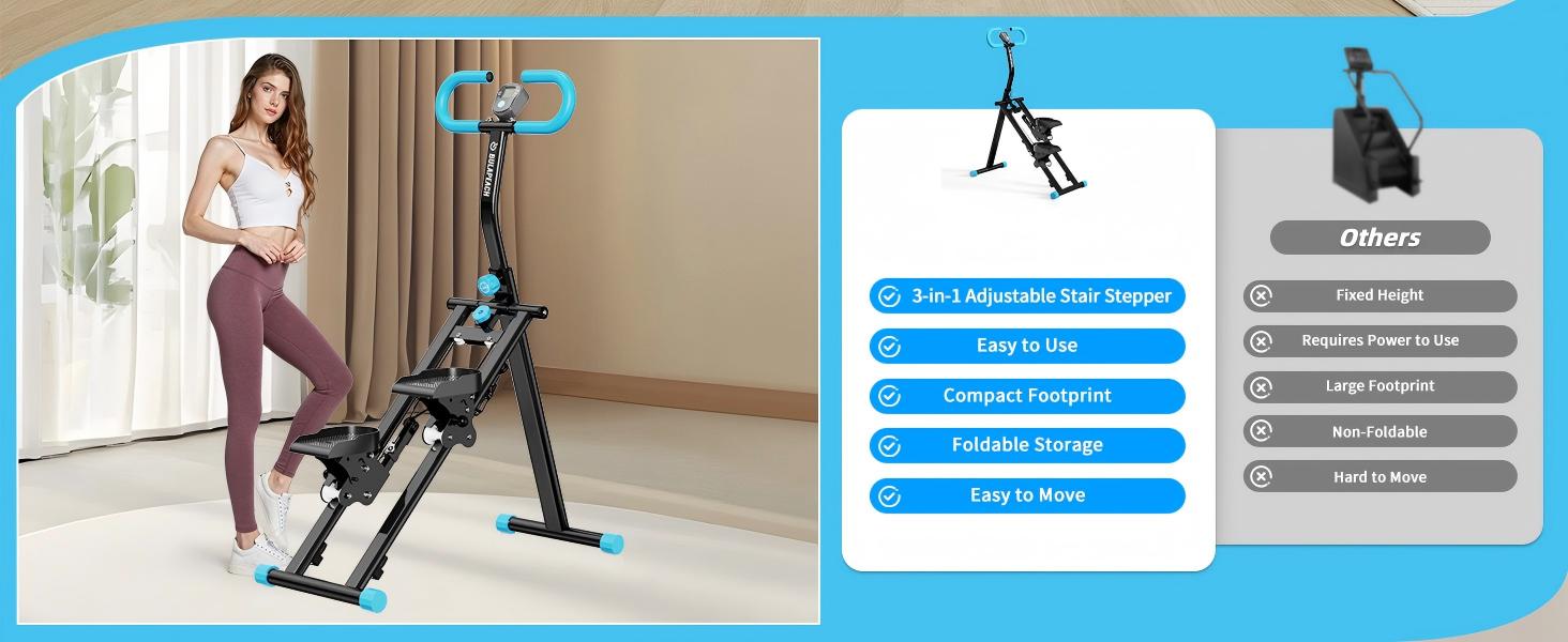 Вертикальний тренажер для кардіо, сходиця для дому, вертикальний альпініст з LCD-дисплеєм, 3 рівні складності, блакитний