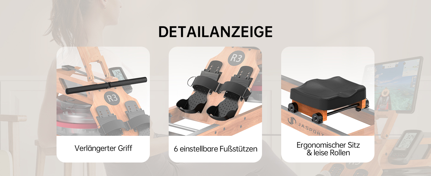 Складальний гребний тренажер R3 з дубового дерева, з Bluetooth LCD-дисплеєм, підтримкою Kinomap, баком для води 28л, ергономічним сидінням та тримачем для планшета, до 150 кг