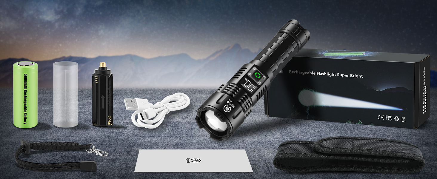 Ліхтар Jayxinli 500000 Люмен, акумуляторний, надпотужний, з регулюванням фокусу, 3 режими, тактичний, для кемпінгу, надзвичайних ситуацій та повсякденного використання, чорний