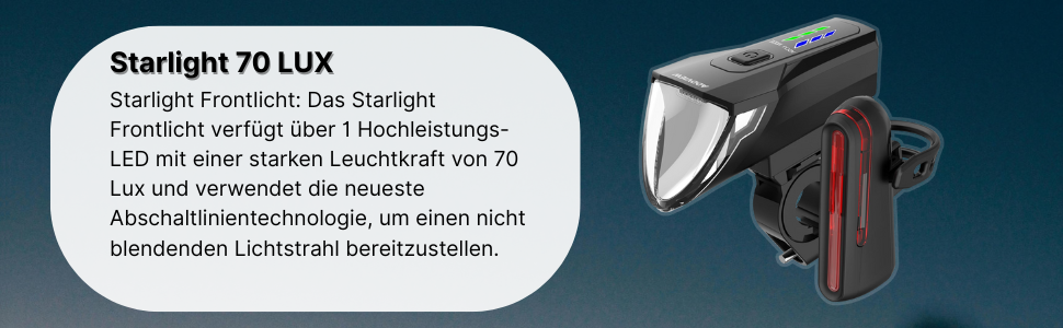 Велофара ADDVIEW Starlight – комплект фар із сертифікацією StVZO, 70 Lux LED, USB-C, акумулятор, IP65, 170м, авто-режим, датчик руху, велоосвітлення