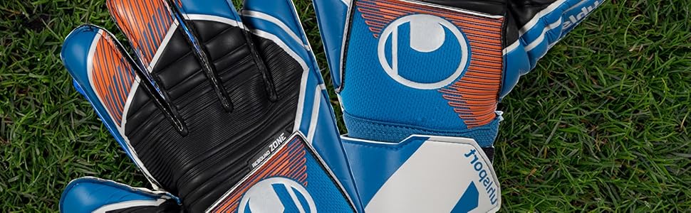 Воротарські рукавички uhlsport Soft Pro для футболу, дитячі та дорослі, з фіксацією зап'ястя, дихаючі, посилене зчеплення, сині/помаранчеві/білі, розміри 5-11