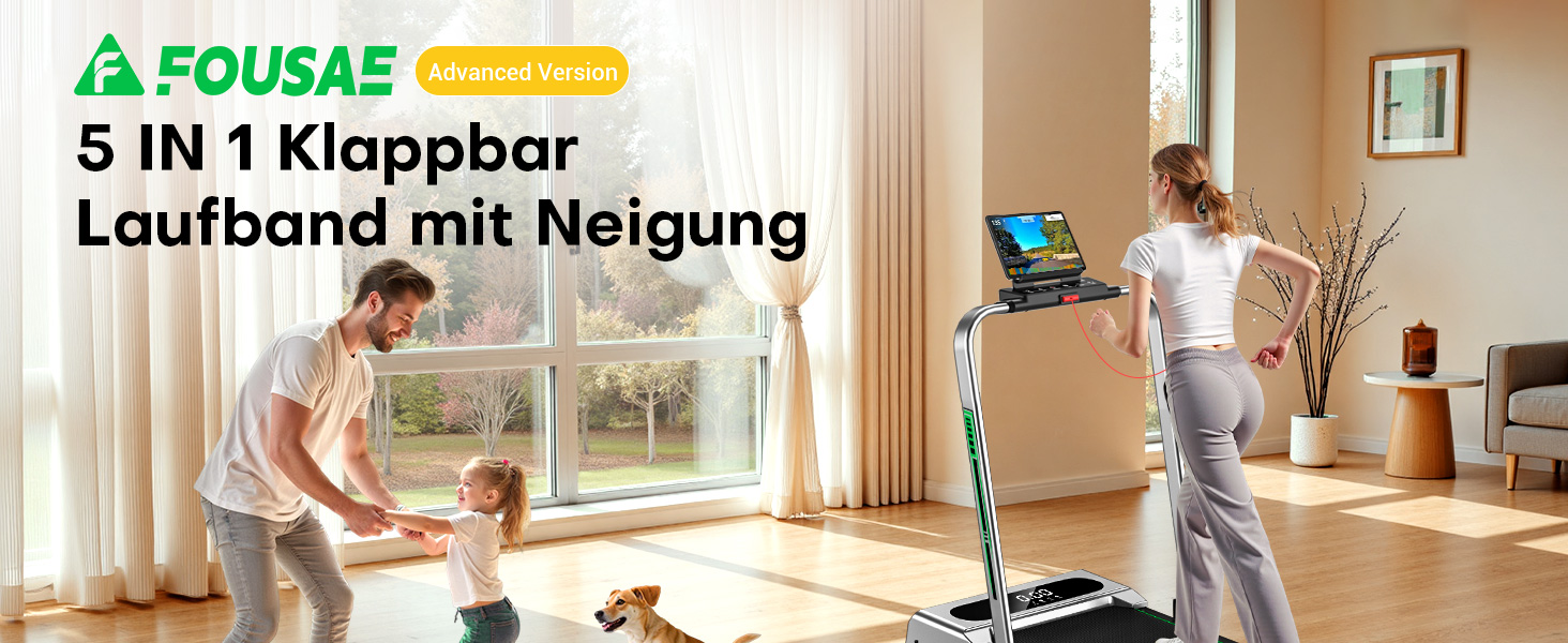 Біговий тренажер для дому 5-в-1, Klappbar Laufband, 12 км/год, 9% нахил, 2.75HP безщітковий мотор, LED-дисплей, сумісність з додатком, 12 програм, подвійна функція (срібно-зелений)