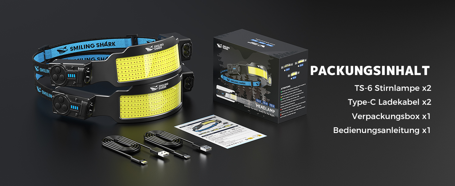 Налобний ліхтар Smiling Shark TS-6 LED, акумуляторний, 2400mAh, з регульованим світлом, 6 режимів, сенсор руху, для кемпінгу, бігу, піших прогулянок (2 шт.)