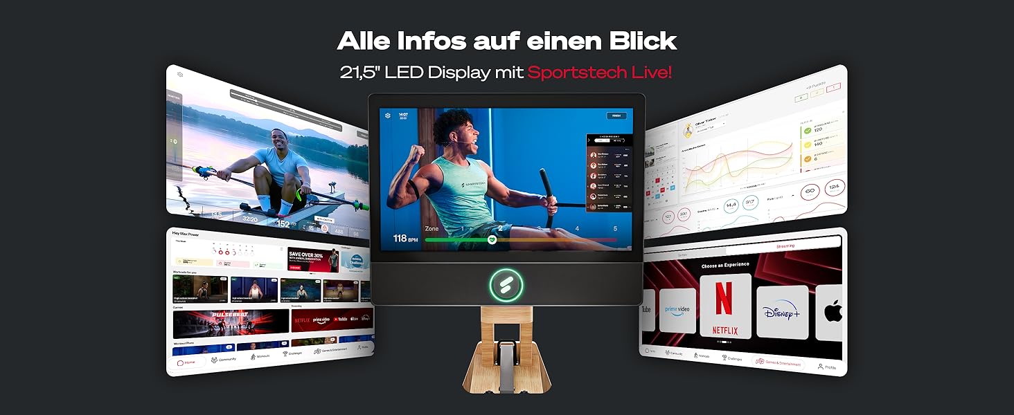 Гребний тренажер Sportstech AquaElite: водяний, складаний, з LED-дисплеєм 21.5' та обертовим резервуаром, екологічне дерево FSC®