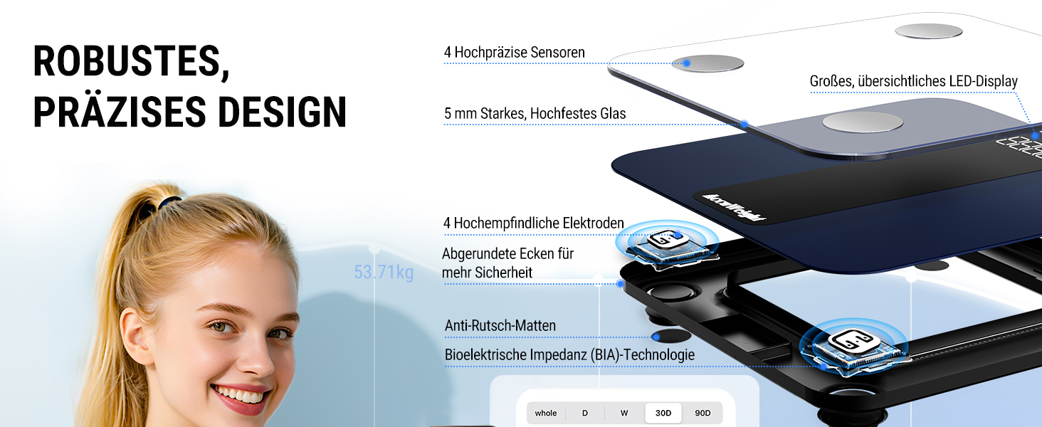 Вага для вимірювання жиру та м'язів ACCUWEIGHT з Bluetooth, аналіз тіла, вимірювання 17 показників, до 180 кг