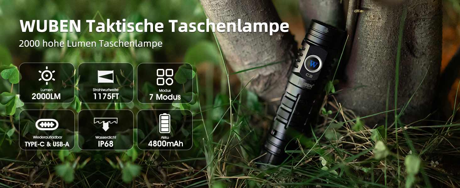 Ліхтарик WUBEN C2 LED: 2000 люмен, USB зарядка, тактичний, водонепроникний IP68, 4800mAh, 7 режимів, 6500K