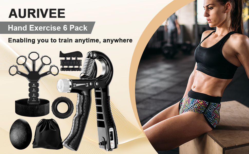 Набір для тренування рук Aurivee (6 шт.) - тренажер сили хвата, п'ятипальцевий тренажер, кільце для тренувань та м'яч для зняття стресу з сумкою
