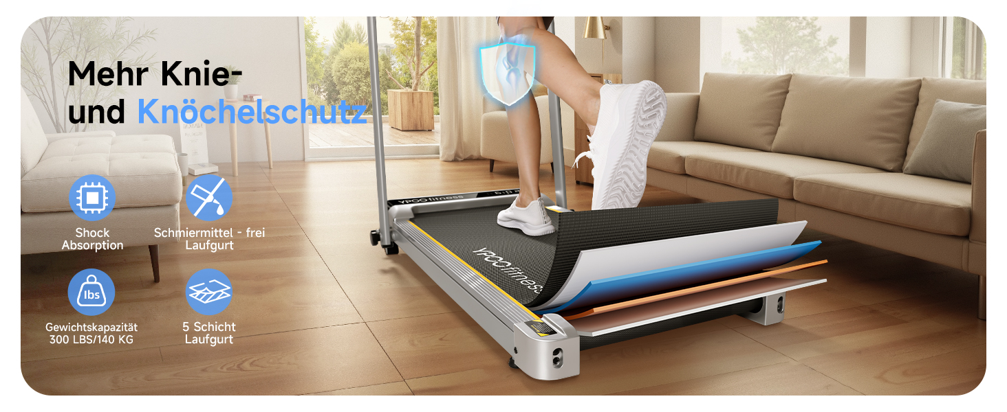 Лягувальне бігове полотно YPOO з регулюванням нахилу, 140 кг, тихе для дому/офісу, швидкість 0.8-8 км/год, з LED-дисплеєм, пультом та APP