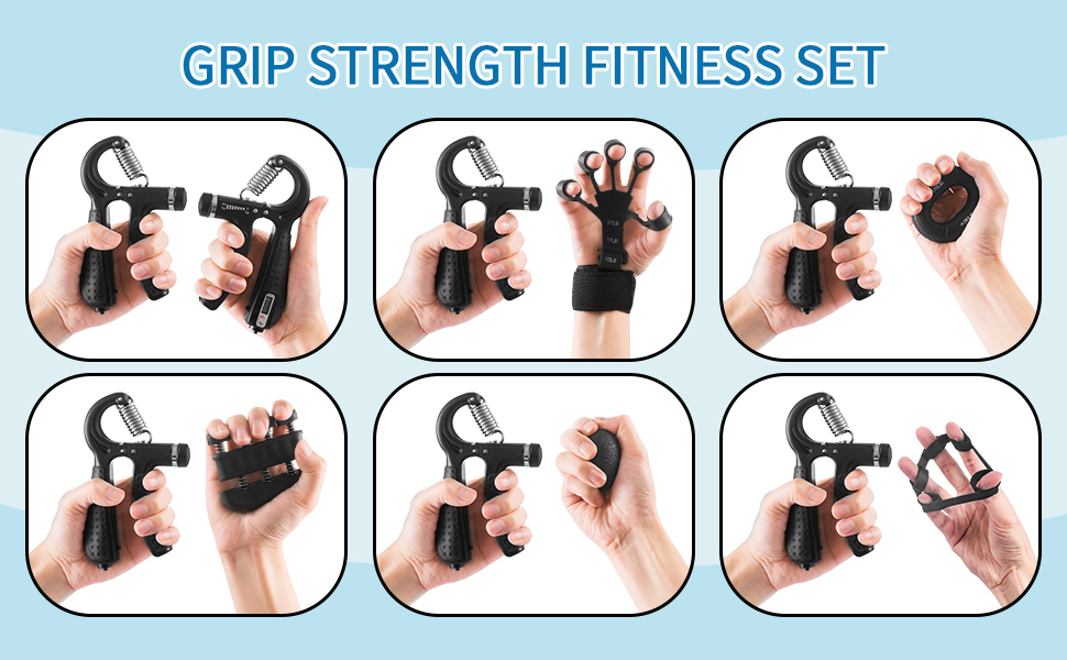 Набір для тренування сили хвата (7 шт.): регульовані тренажери зап'ястя, сумка для зберігання, розтягувач пальців, тренажер зап'ястя, кільце для тренувань та куля для зняття стресу