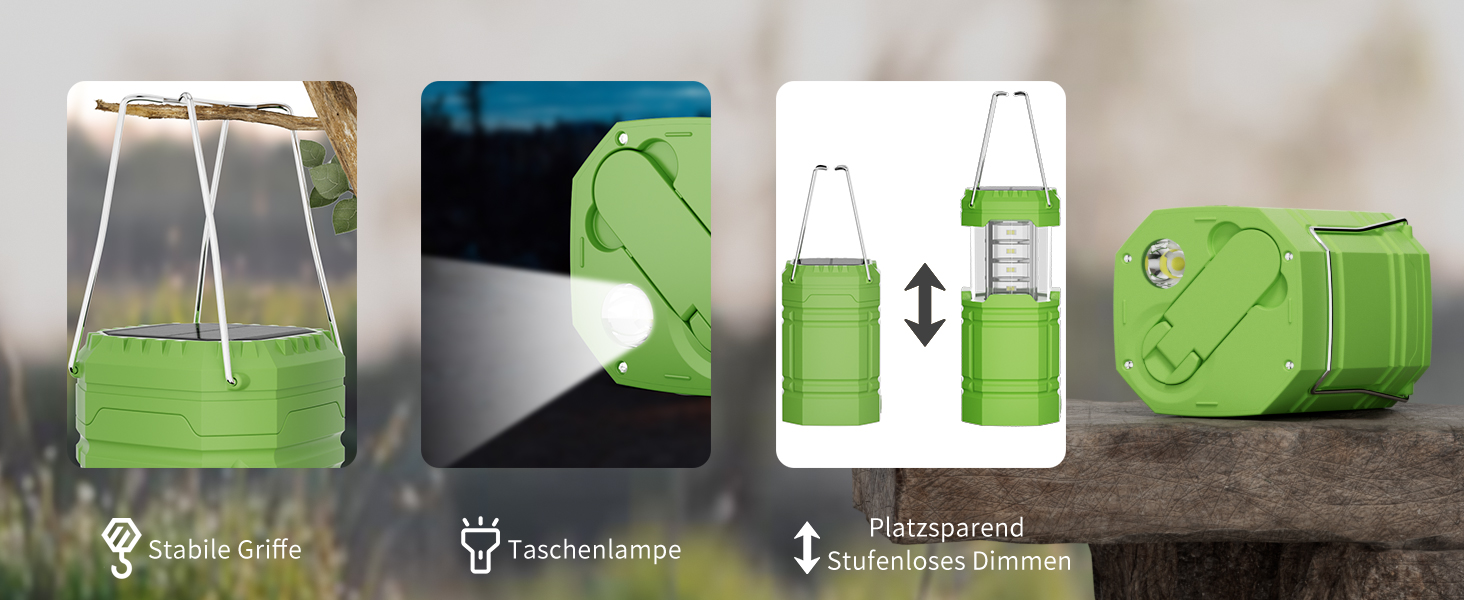 Сонячна кемпінгова лампа LED, водонепроникна, з ручкою, акумулятор 3000mAh, для туризму, риболовлі, SOS, відключень електроенергії (зелена)
