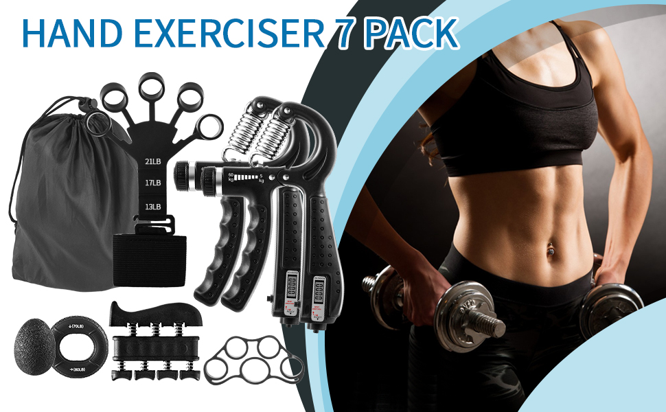 Набір для тренування сили хвата (7 шт.): регульовані тренажери зап'ястя, сумка для зберігання, розтягувач пальців, тренажер зап'ястя, кільце для тренувань та куля для зняття стресу