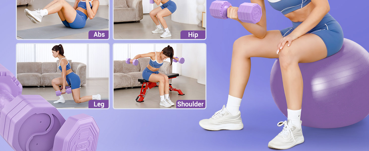 Набір гантелей Yoleo регульовані 2/4 шт. для дому, 2 кг, 3 кг, 4 кг, 5 кг, з м'яким TPR-покриттям, фіолетовий