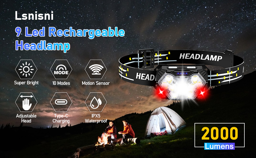 LED налобний ліхтар Lsnisni 2000 люменів (2 шт./1 шт.), 6 режимів, водонепроникний IPX5, з акумулятором для кемпінгу, бігу, риболовлі, дітей та дорослих