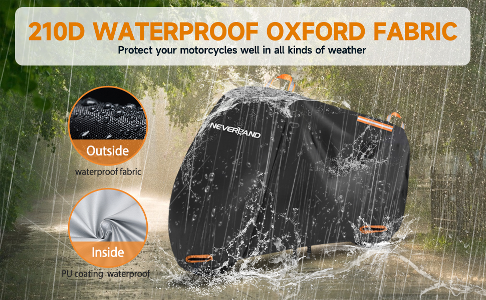 Накладна ковдра для мотоцикла Neverland Outdoor, 295x110x140 см, водонепроникна, 300D, гараж для мотоцикла, внутрішнє використання, з отворами для замка, світловідбиваюча, чорно-помаранчевий колір