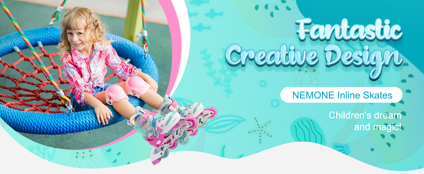 Інлайнери NEMONE для дівчаток, 4 розміри, регульовані, блакитний, фіолетовий, для дітей, в приміщенні та на вулиці, великий розмір (37-39 EU), маленький розмір (28-31 EU), рожево-зелений