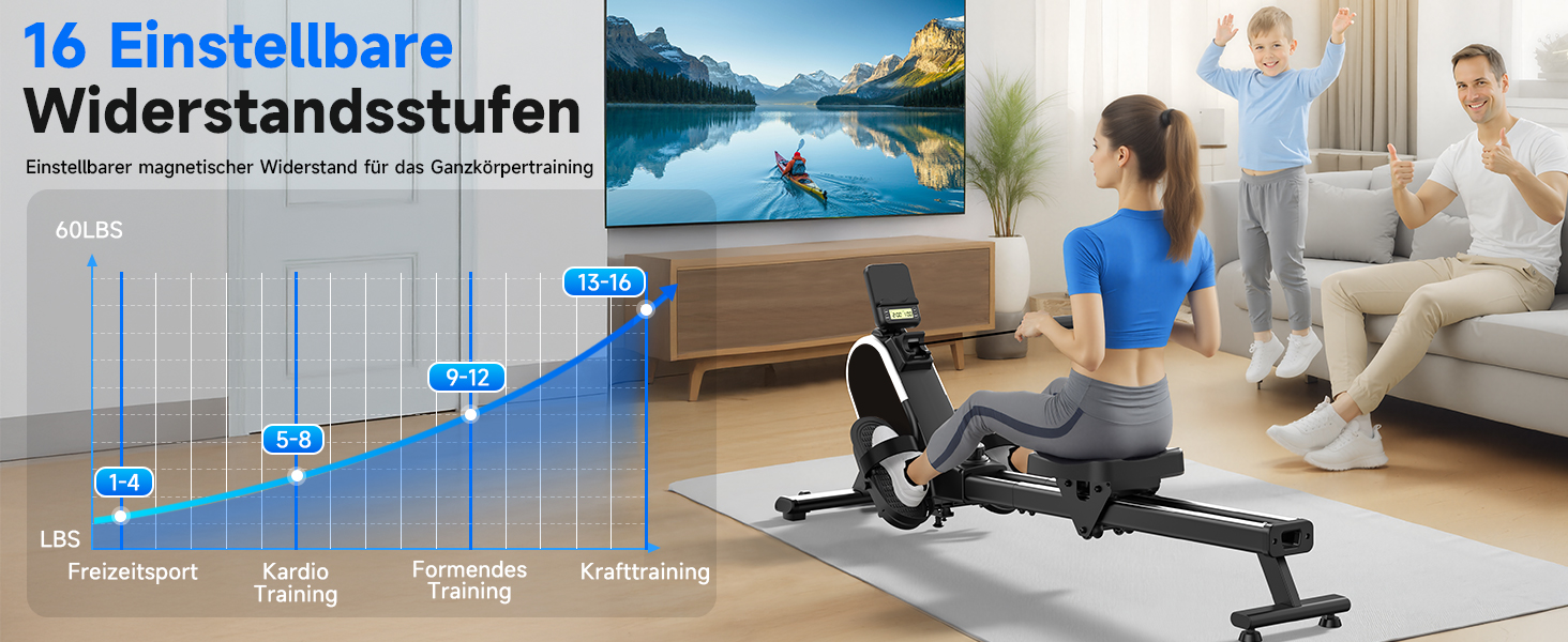 Гребний тренажер CHAOKE для дому, тихий магнітний, з App, 16 рівнів опору, стабільний, до 160 кг, чорний