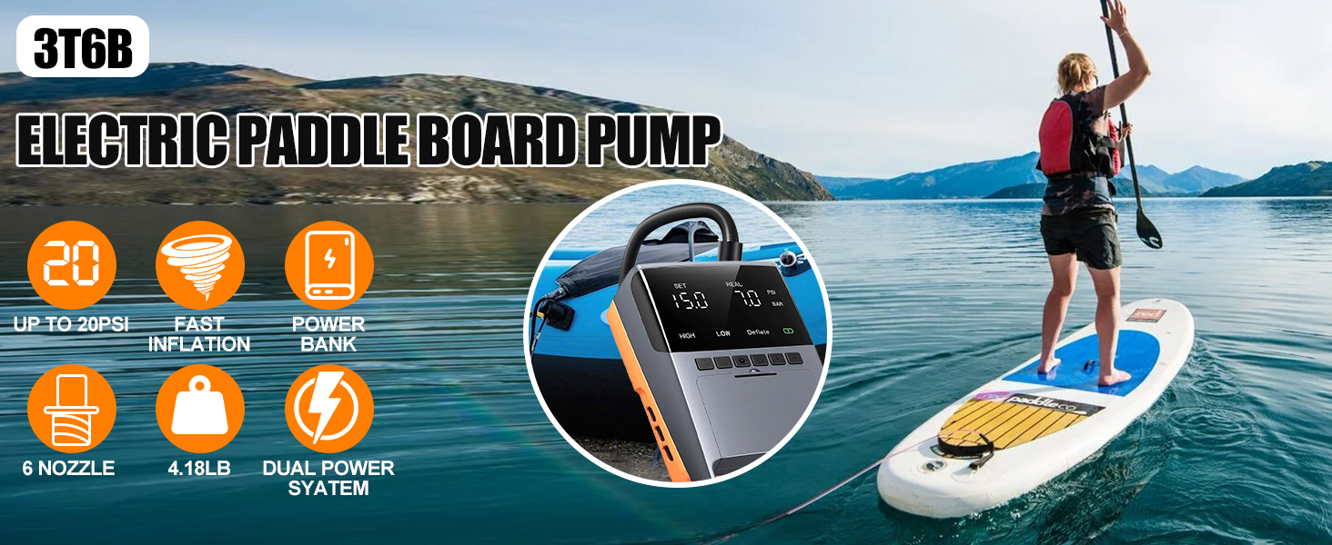 Електрична SUP-насос 13500mAh SUP Pumpe: 20 PSI, 12V DC, Автоматичне вимкнення, 6 насадок для SUP-дошок, матраців, каяків та човнів (Оранжевий)