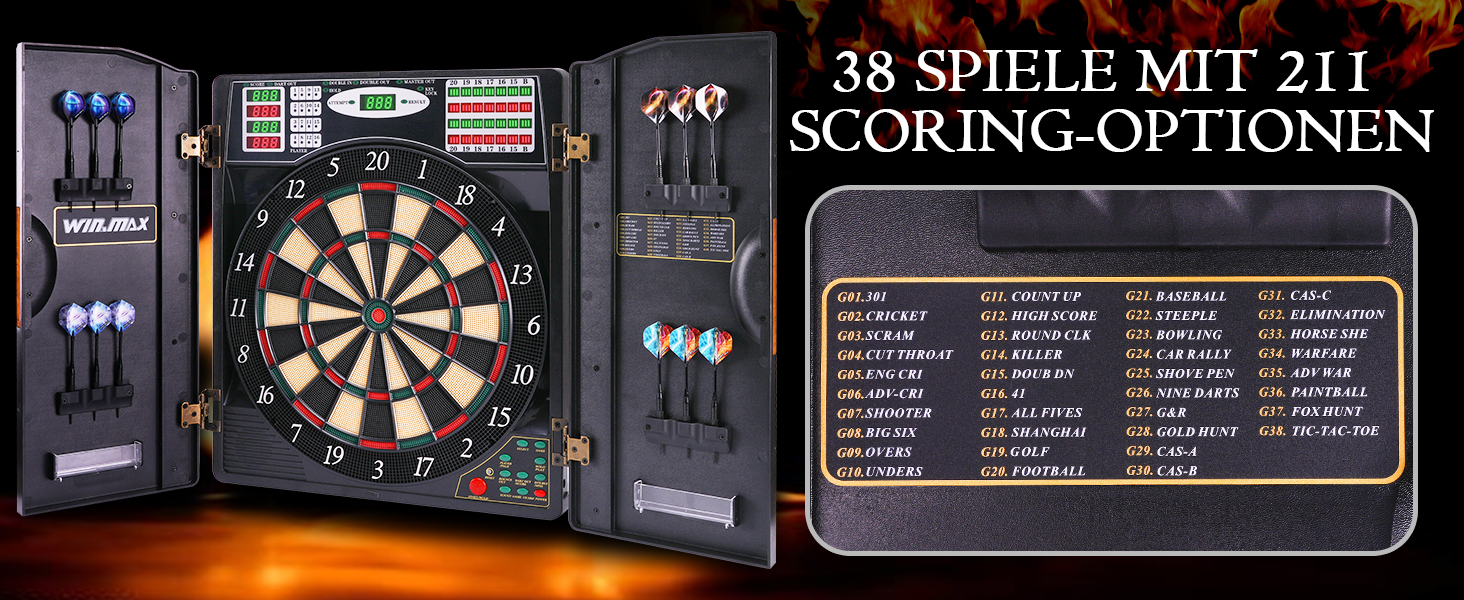 Дарцборд електронний WIN.MAX Profi Set 211 варіантів для 1-16 гравців + 12 дротиків, 12 пір'їв, 100 наконечників, аксесуари