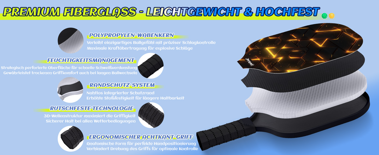 Набір для піклболу JOY SPOT! 2 ракетки + 4 м'ячі + сумка – Легкі ракетки з скловолокном для чоловіків, жінок та початківців – Для гри в приміщенні та на вулиці (Lava)