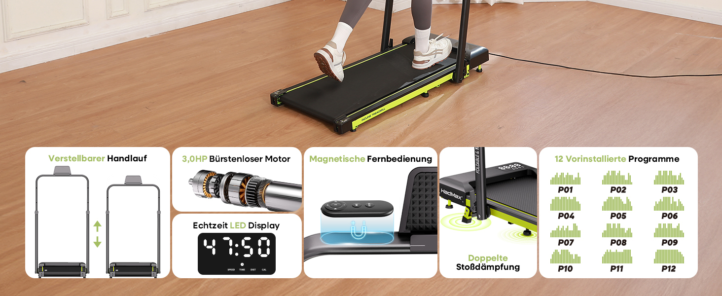 Бігова доріжка Walking Pad з нахилом 10%, 3.0 к.с., складна, для дому з магнітним пультом, LED-дисплеєм, висувними поручнями, 12 програм HIIT, до 136 кг, зелена
