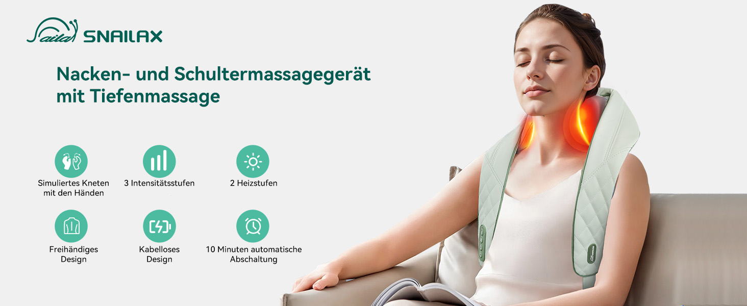 Масажер для шиї Snailax 4D з підігрівом та Shiatsu, електричний масажер для шиї, плечей та спини, зелений