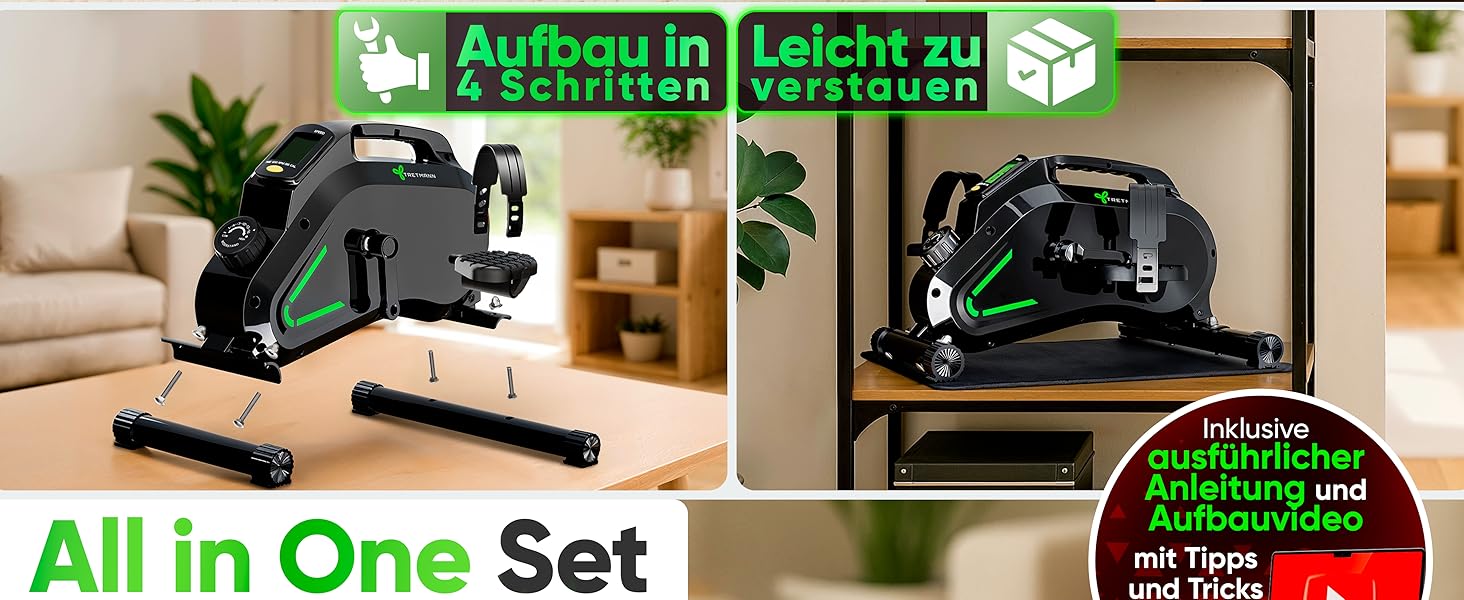 Тренажер для ніг Tretmann Pedaltrainer Pro Set: міні-велосипед для сеньйорів та реабілітації, безшумний домашній велотренажер з килимком та ременями