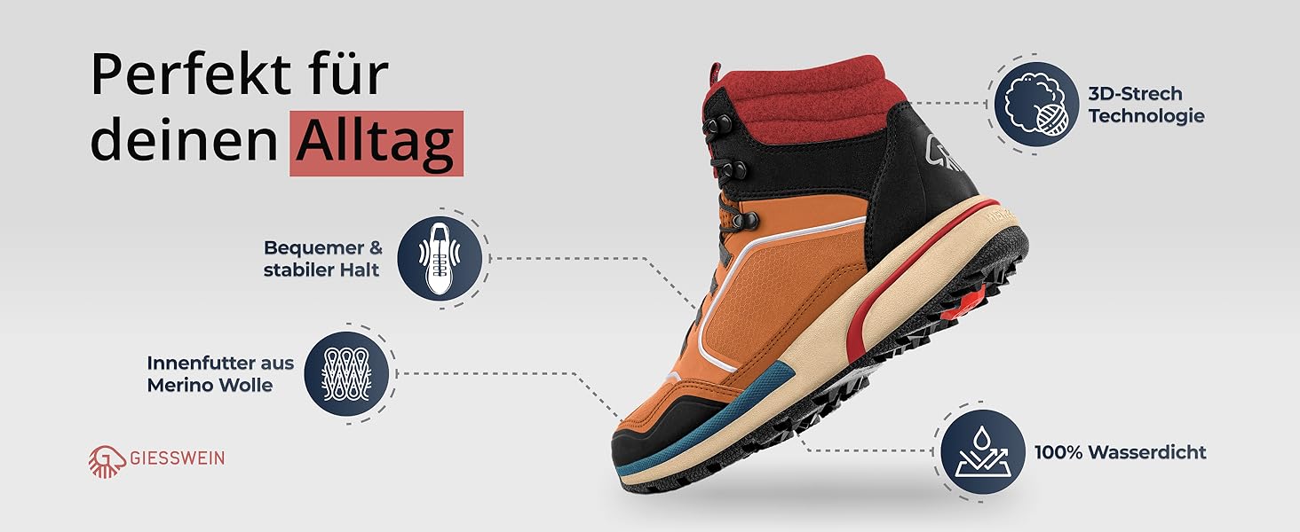 Чоловічі водонепроникні трекінгові черевики Giesswein Wool Cross X Alpine - зручні та теплі, з 100% мериносової вовни, для хайкінгу та походів, чорний колір, 45 EU