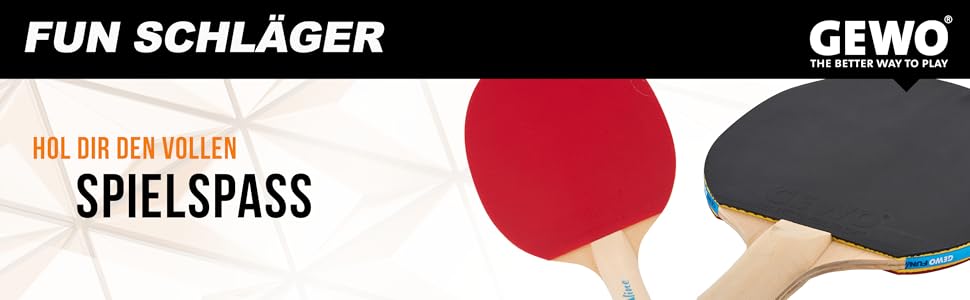 Набір для настільного тенісу GEWO Fun – одиночні або комплекти (1-4 ракетки, м'ячі, сумка, сітка) – для початківців, хобі та відпочинку. Поверхня: Noppen-Innen, конкавний грип. Комплектація: 4 ракетки + 10 м'ячів + сумка (конкавна)