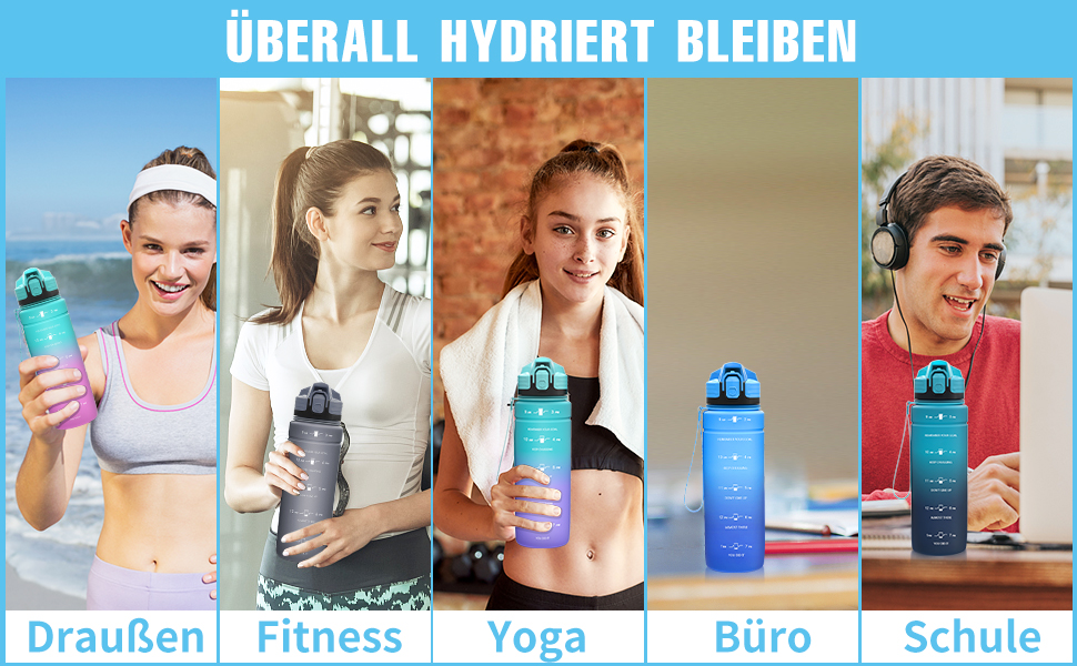 Спортивна пляшка для води Tritan 1L/500ml/700ml/1500ml, BPA-free, з маркуванням часу, витокозахисна, для фітнесу, велосипеду, відпочинку, йоги, спортзалу, школи, 1000ml, темно-зелений, темно-синій