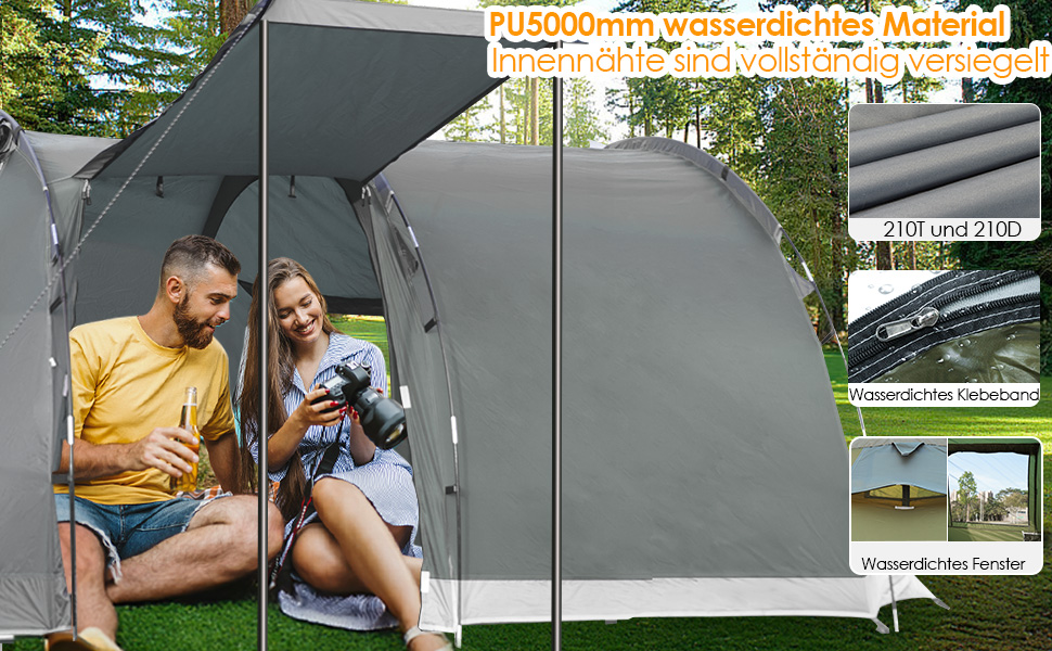Намет для кемпінгу на 4 особи: водонепроникний тунельний намет для сім'ї та групи, з шатром для сну, сірий
