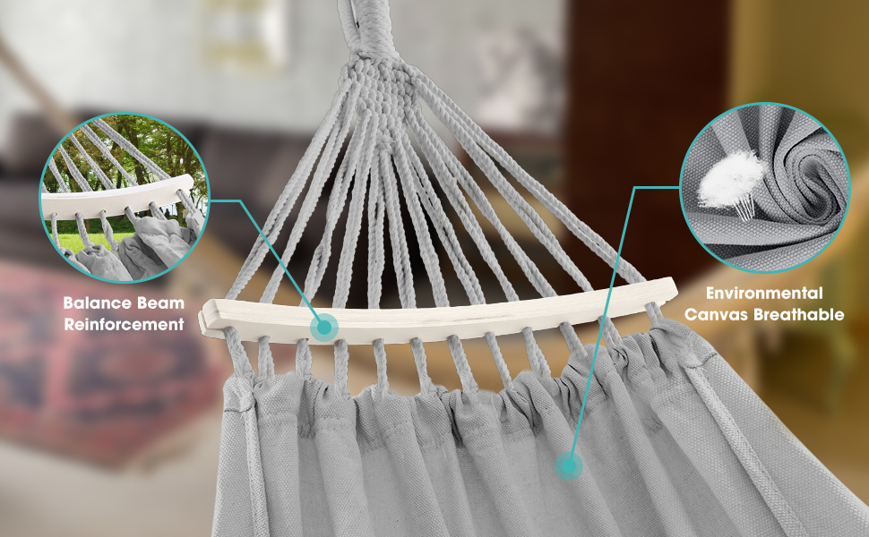 Гамак для відпочинку на відкритому повітрі: кемпінг, балкон, сад. З дерев'яною перекладиною, ременями та сумкою. Сірий з бахромою
