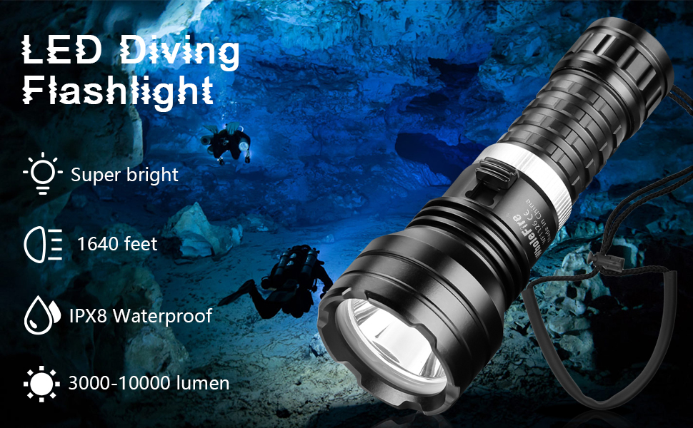 LED-ліхтар для дайвінгу WholeFire XHP70, 10000 люменів, IPX8, 50м, водонепроникний, з акумулятором та зарядним пристроєм