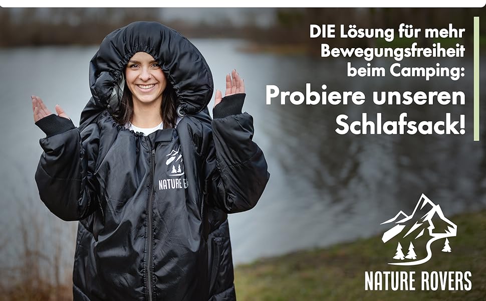 Спальний мішок з рукавами Nature Rovers – дорослий, для кемпінгу та відпочинку на природі (3 сезони), водонепроникний, з отворами для ніг, включає подушку, чорний