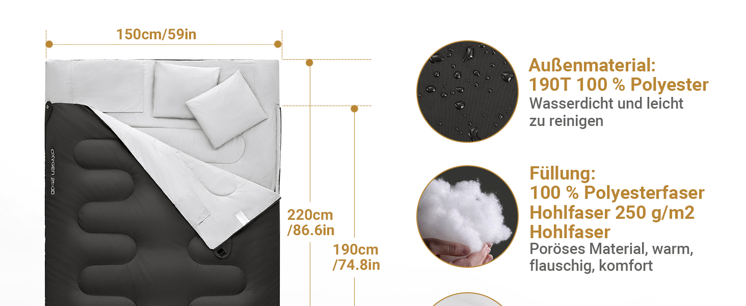 Сплячий мішок KingCamp для двох осіб, зимовий, чорний, для кемпінгу та відпочинку на природі