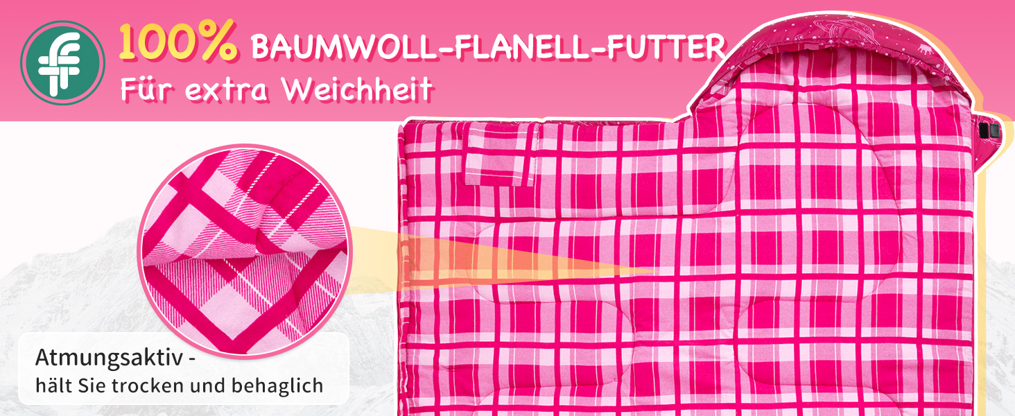 Спальний мішок KingCamp для дітей, фланелевий, легкий, водонепроникний, компактний, зимовий, 4 сезони, для кемпінгу, підходить для дітей до 140 см, комфортна температура: 7°C, рожевий, регульована довжина