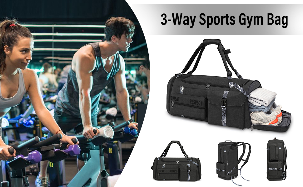 Спортивна сумка-рюкзак 3-в-1 для чоловіків з відділенням для взуття та вологих речей, чорна (22.4 x 10.6 x 11 дюймів)