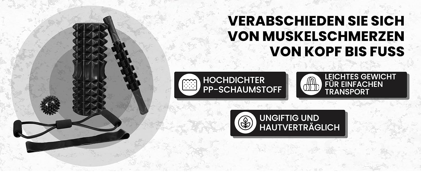 Набір для масажу м'язів Unycos: ролер фасції, фітнес-гумка, масажний м'яч, палиця для реабілітації, шнур для фітнесу та сумка для зберігання (чорний)