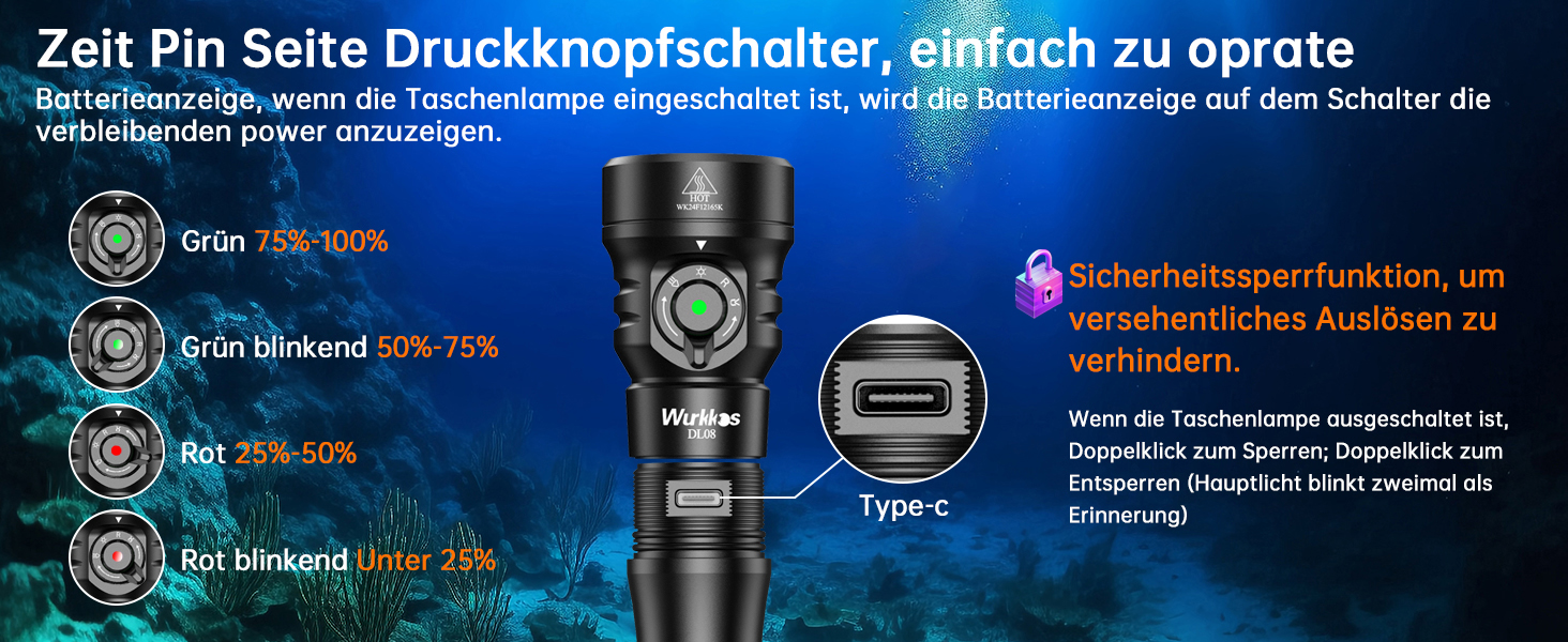 Ліхтар підводний Wurkkos DL08 – 3600 люмен, IPX8, з червоним та UV світлом, регулювання потужності, режими Spot/Flood, Type-C, CRI 90