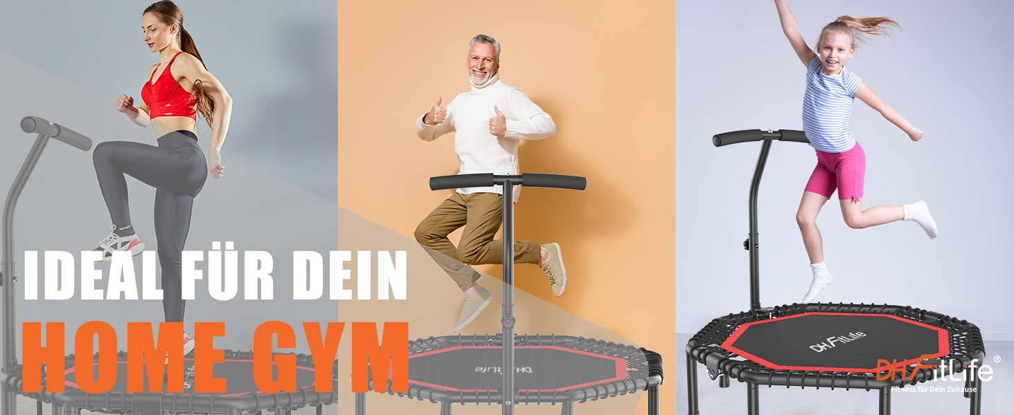Трамплін для фітнесу DH FitLife: складаний, тихий, з гумовим тросом, без встановлення. Діаметр 115/128 см, з 3 рівнями регулювання ручки. Підходить для занять вдома та на вулиці.